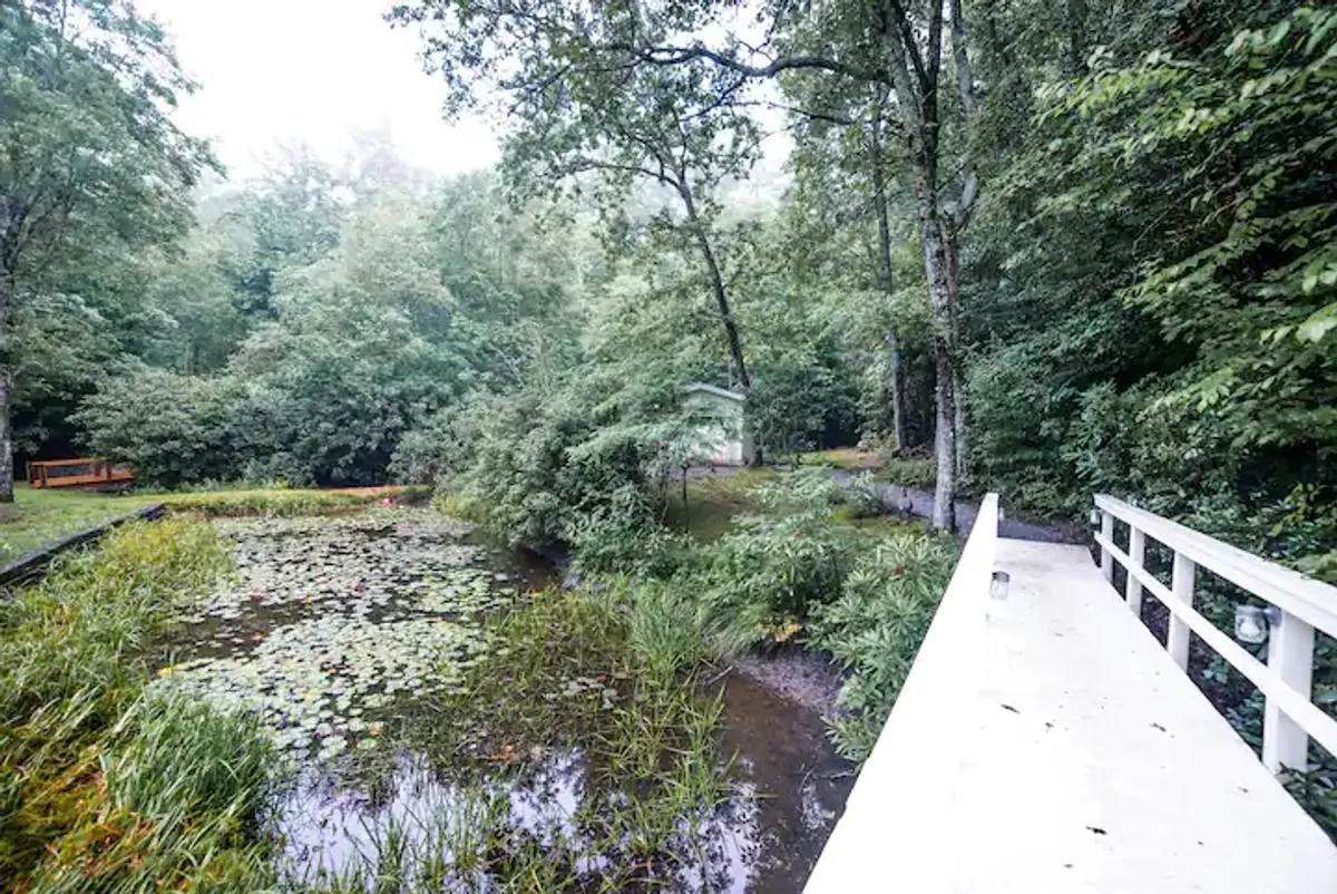 A beautiful view of the pond covered in lily pads, bordered by lush greenery and a charming wooden bridge. The peaceful waters and surrounding landscape create a serene, picturesque setting that can be enjoyed from the cottage's living area windows.